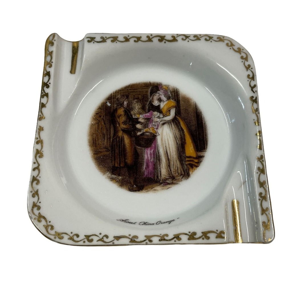 Vintage Ashtray Sweet‎ China Orange Colonial Scene 4" White Porcelain